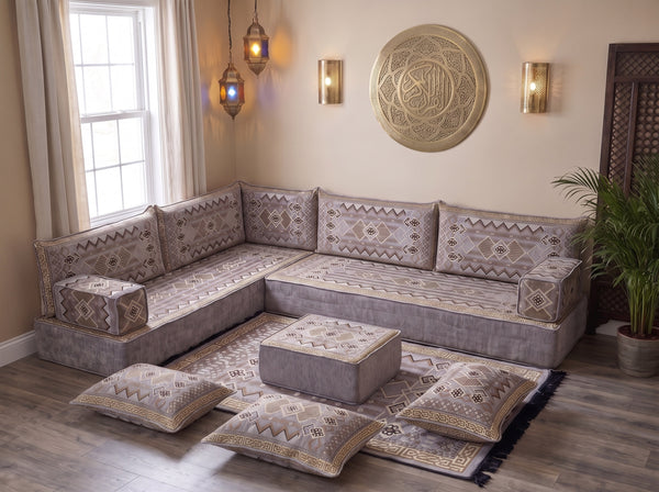 Gray Ornate Illusion: Arabic Jalsa Seating – L Shaped Floor Sofa Set – Kilim Floor Sofa – Moroccan Floor Couch – Majlis Seating