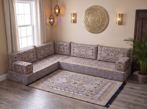 Gray Ornate Illusion: Arabic Jalsa Seating – L Shaped Floor Sofa Set – Kilim Floor Sofa – Moroccan Floor Couch – Majlis Seating