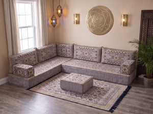 Gray Ornate Illusion: Arabic Jalsa Seating – L Shaped Floor Sofa Set – Kilim Floor Sofa – Moroccan Floor Couch – Majlis Seating