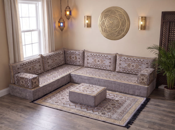 Gray Ornate Illusion: Arabic Jalsa Seating – L Shaped Floor Sofa Set – Kilim Floor Sofa – Moroccan Floor Couch – Majlis Seating