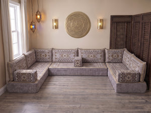 Gray Ornate Illusion pattern U-shaped Arabic floor sofa set, photo 8 of 8