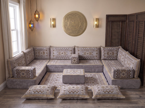 Gray Ornate Illusion pattern U-shaped Arabic floor sofa set, photo 5 of 8