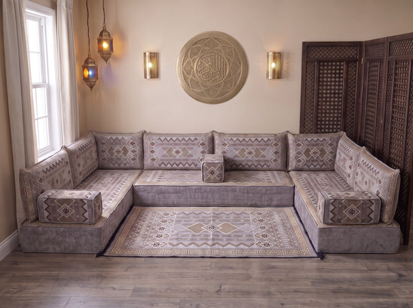 Gray Ornate Illusion pattern U-shaped Arabic floor sofa set, photo 7 of 8