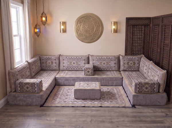 Gray Ornate Illusion pattern U-shaped Arabic floor sofa set, photo 6 of 8