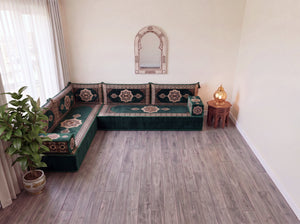 Green Moon Serenade: L Shaped Floor Sofa Set – L Sofa Set With Ottoman – Middle Eastern Floor Sofa – Moroccan Pouf