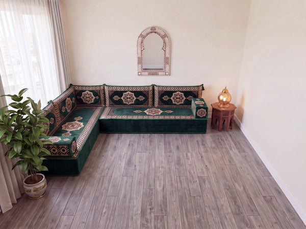 Green Moon Serenade: L Shaped Floor Sofa Set – L Sofa Set With Ottoman – Middle Eastern Floor Sofa – Moroccan Pouf