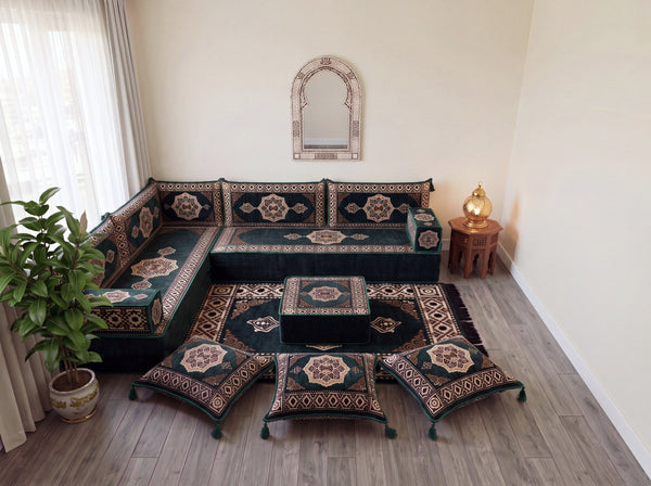 Green Moon Serenade: L Shaped Floor Sofa Set – L Sofa Set With Ottoman – Middle Eastern Floor Sofa – Moroccan Pouf