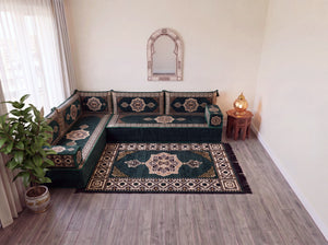Green Moon Serenade: L Shaped Floor Sofa Set – L Sofa Set With Ottoman – Middle Eastern Floor Sofa – Moroccan Pouf