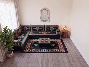 Green Moon Serenade: L Shaped Floor Sofa Set – L Sofa Set With Ottoman – Middle Eastern Floor Sofa – Moroccan Pouf