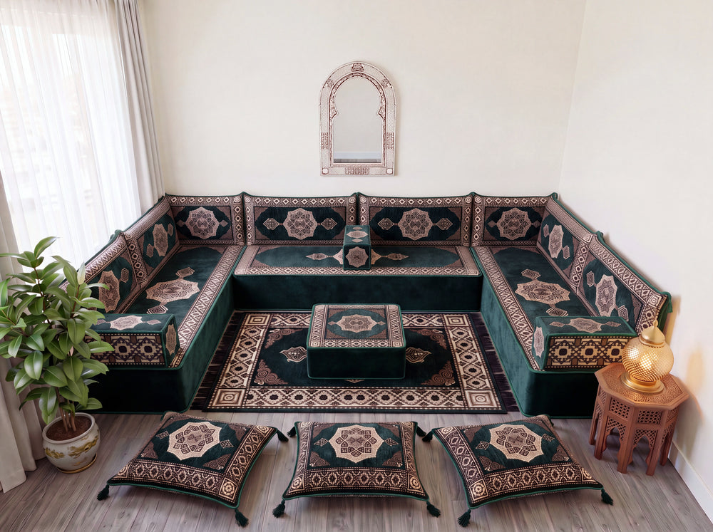 Green Moon Serenade: U Shaped Floor Sofa Set – Turkish Floor Sofa – Washable Arabic Jalsa Set – Arabic Living Room Furniture