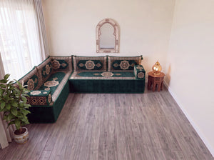Green Moon Serenade: L Shaped Floor Sofa Set – L Sofa Set With Ottoman – Middle Eastern Floor Sofa – Moroccan Pouf