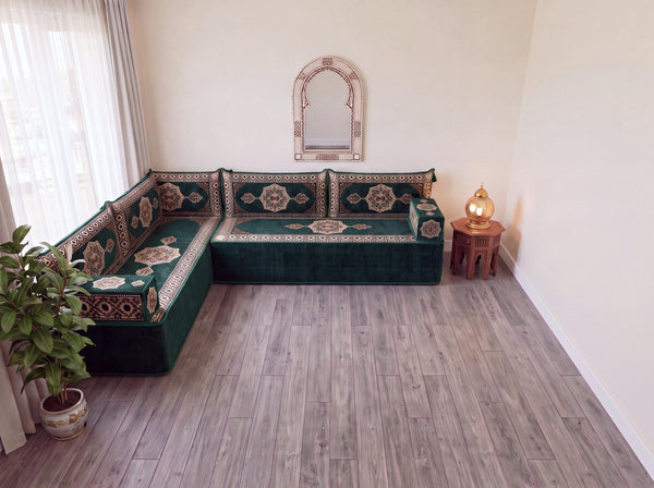 Green Moon Serenade: L Shaped Floor Sofa Set – L Sofa Set With Ottoman – Middle Eastern Floor Sofa – Moroccan Pouf
