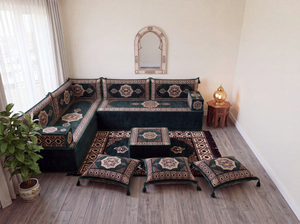 Green Moon Serenade: L Shaped Floor Sofa Set – L Sofa Set With Ottoman – Middle Eastern Floor Sofa – Moroccan Pouf