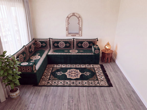 Green Moon Serenade: L Shaped Floor Sofa Set – L Sofa Set With Ottoman – Middle Eastern Floor Sofa – Moroccan Pouf