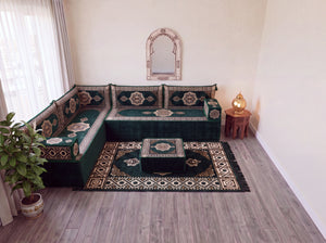 Green Moon Serenade: L Shaped Floor Sofa Set – L Sofa Set With Ottoman – Middle Eastern Floor Sofa – Moroccan Pouf