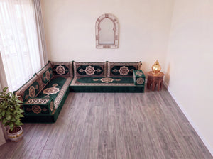 Green Moon Serenade: L Shaped Floor Sofa Set – L Sofa Set With Ottoman – Middle Eastern Floor Sofa – Moroccan Pouf