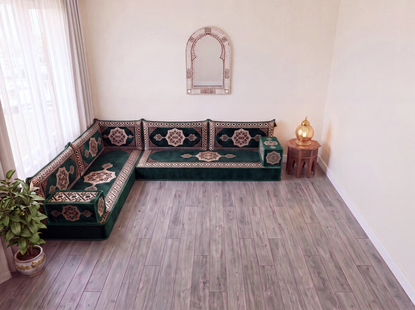Green Moon Serenade: L Shaped Floor Sofa Set – L Sofa Set With Ottoman – Middle Eastern Floor Sofa – Moroccan Pouf