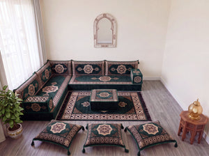 Green Moon Serenade: L Shaped Floor Sofa Set – L Sofa Set With Ottoman – Middle Eastern Floor Sofa – Moroccan Pouf