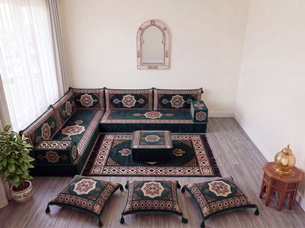 Green Moon Serenade: L Shaped Floor Sofa Set – L Sofa Set With Ottoman – Middle Eastern Floor Sofa – Moroccan Pouf