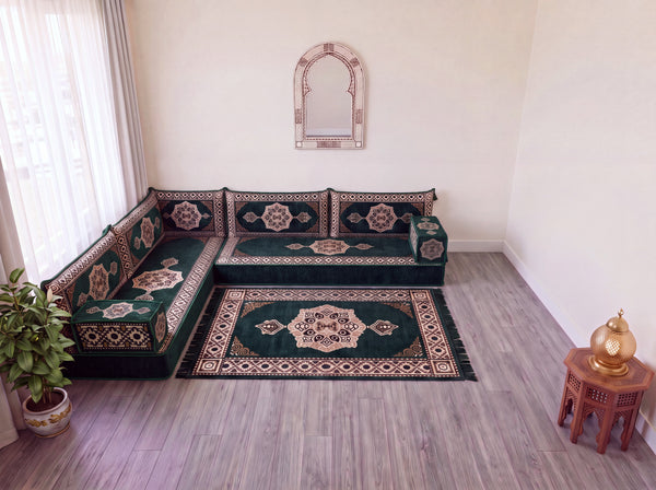 Green Moon Serenade: L Shaped Floor Sofa Set – L Sofa Set With Ottoman – Middle Eastern Floor Sofa – Moroccan Pouf