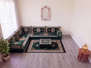 Green Moon Serenade: L Shaped Floor Sofa Set – L Sofa Set With Ottoman – Middle Eastern Floor Sofa – Moroccan Pouf