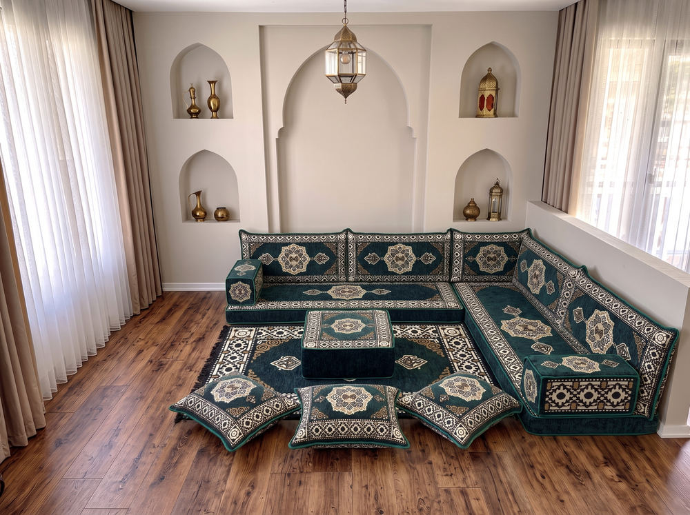 4 Zoll dickes L-Sofa-Set, arabisches Ecksofa, L-förmiges marineblaues türkisches Sofa, orientalische Bodenkissen, arabischer Majlis, traditionelles Wohnzimmersofa, arabisches Jalsa-Set