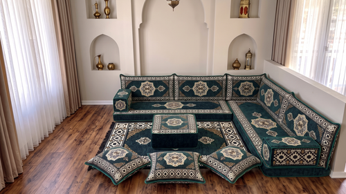 4 Zoll dickes L-Sofa-Set, arabisches Ecksofa, L-förmiges marineblaues türkisches Sofa, orientalische Bodenkissen, arabischer Majlis, traditionelles Wohnzimmersofa, arabisches Jalsa-Set