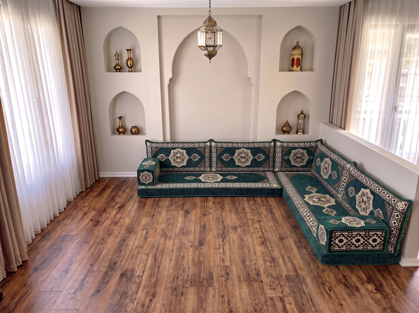 4 Zoll dickes L-Sofa-Set, arabisches Ecksofa, L-förmiges marineblaues türkisches Sofa, orientalische Bodenkissen, arabischer Majlis, traditionelles Wohnzimmersofa, arabisches Jalsa-Set