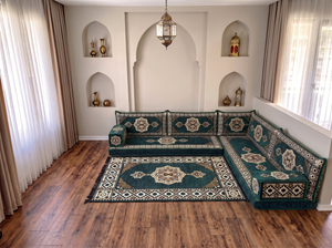 4 Zoll dickes L-Sofa-Set, arabisches Ecksofa, L-förmiges marineblaues türkisches Sofa, orientalische Bodenkissen, arabischer Majlis, traditionelles Wohnzimmersofa, arabisches Jalsa-Set