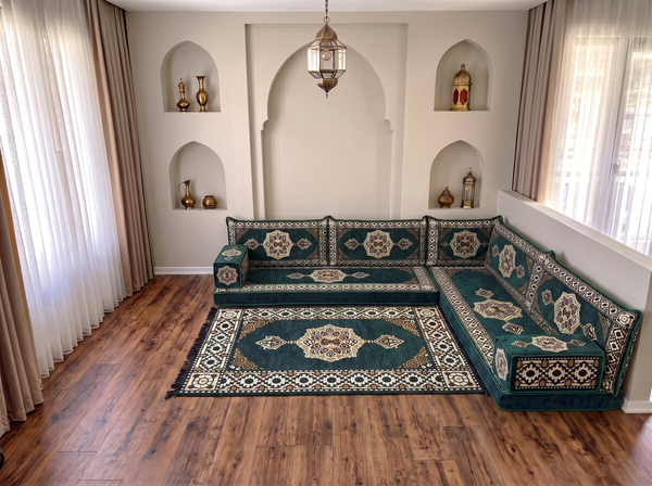 4 Zoll dickes L-Sofa-Set, arabisches Ecksofa, L-förmiges marineblaues türkisches Sofa, orientalische Bodenkissen, arabischer Majlis, traditionelles Wohnzimmersofa, arabisches Jalsa-Set
