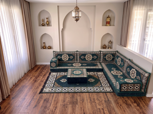 4 Zoll dickes L-Sofa-Set, arabisches Ecksofa, L-förmiges marineblaues türkisches Sofa, orientalische Bodenkissen, arabischer Majlis, traditionelles Wohnzimmersofa, arabisches Jalsa-Set