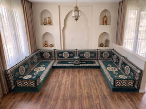 Coussins de sol bordeaux en forme de U, ensemble de Majlis arabes modernes, ensemble de canapés de sol, canapé ethnique, Jalsa arabe, canapé marocain