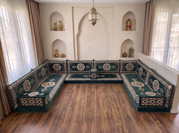 Coussins de sol bordeaux en forme de U, ensemble de Majlis arabes modernes, ensemble de canapés de sol, canapé ethnique, Jalsa arabe, canapé marocain