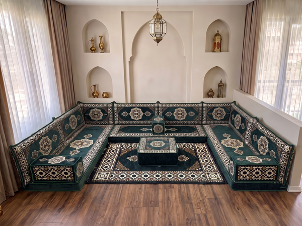 Coussins de sol bordeaux en forme de U, ensemble de Majlis arabes modernes, ensemble de canapés de sol, canapé ethnique, Jalsa arabe, canapé marocain
