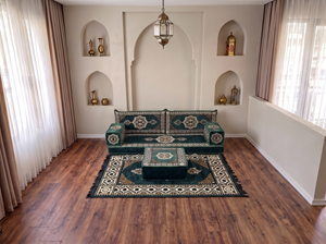 Canapé arabe bleu marine avec canapé ottoman et tapis, siège coussin de sol, ensemble Jalsa arabe, canapé modulaire, siège de canapé arabe, canapé marocain