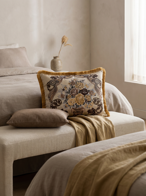 Beige Heirloom Veil: Shabby Chic Damask Pillow Cover – Embroidered Lumbar