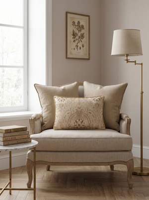 Heritage Ivory: Dark Academia Damask Cushion – Lumbar – Embroidered Cover