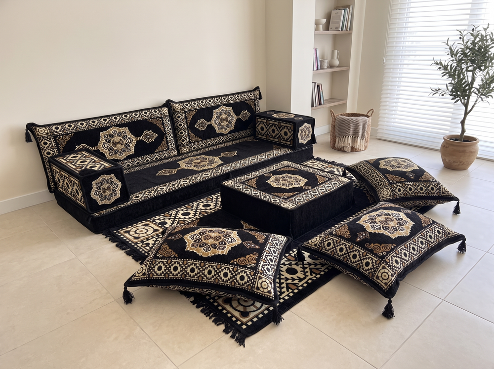 Marineblaues arabisches Sofa mit Ottomane und Teppich, Bodensitzkissen, Arabisches Jalsa-Set, Ecksofa, Arabische Sofagarnitur, Marokkanisches Sofa