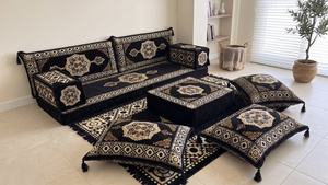 Marineblaues arabisches Sofa mit Ottomane und Teppich, Bodensitzkissen, Arabisches Jalsa-Set, Ecksofa, Arabische Sofagarnitur, Marokkanisches Sofa