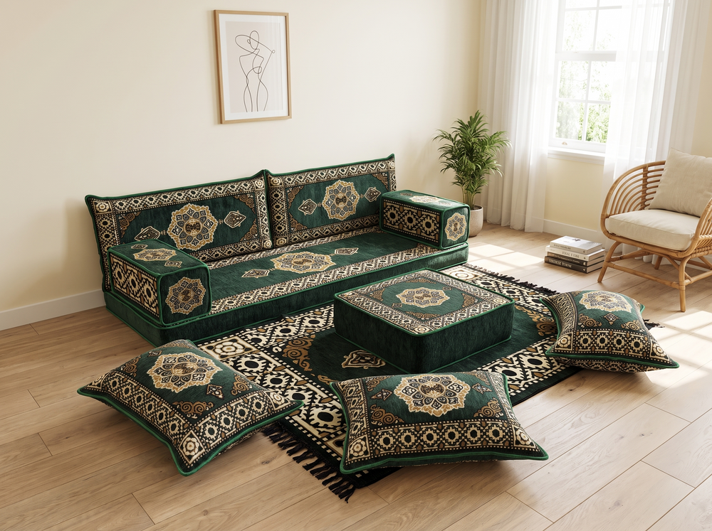 Marineblaues arabisches Sofa mit Ottomane und Teppich, Bodensitzkissen, Arabisches Jalsa-Set, Ecksofa, Arabische Sofagarnitur, Marokkanisches Sofa