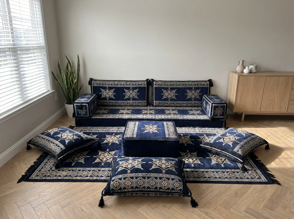 Marineblaues arabisches Sofa mit Ottomane und Teppich, Bodensitzkissen, Arabisches Jalsa-Set, Ecksofa, Arabische Sofagarnitur, Marokkanisches Sofa