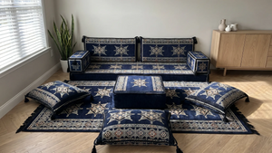Marineblaues arabisches Sofa mit Ottomane und Teppich, Bodensitzkissen, Arabisches Jalsa-Set, Ecksofa, Arabische Sofagarnitur, Marokkanisches Sofa