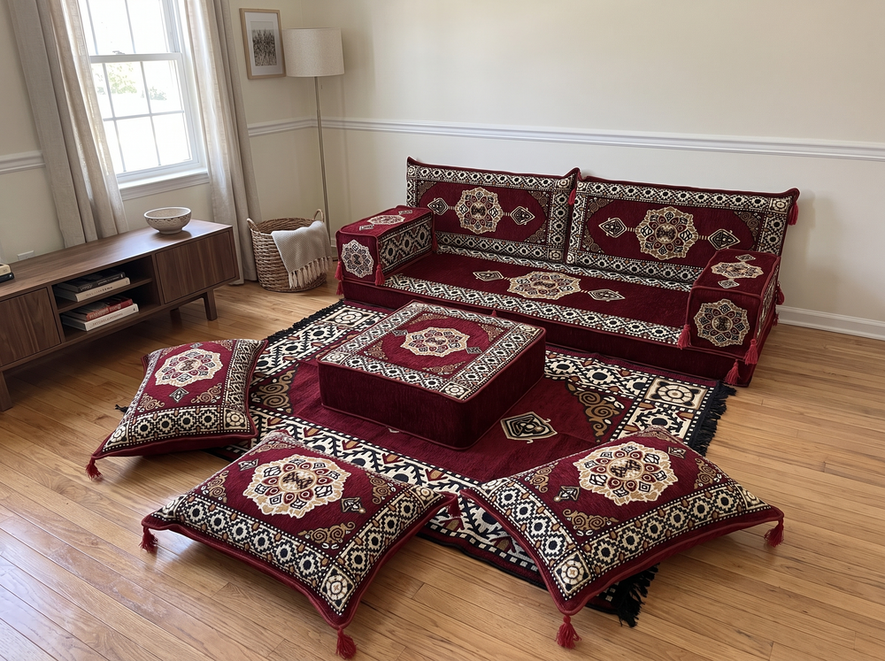 Marineblaues arabisches Sofa mit Ottomane und Teppich, Bodensitzkissen, Arabisches Jalsa-Set, Ecksofa, Arabische Sofagarnitur, Marokkanisches Sofa