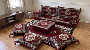 Marineblaues arabisches Sofa mit Ottomane und Teppich, Bodensitzkissen, Arabisches Jalsa-Set, Ecksofa, Arabische Sofagarnitur, Marokkanisches Sofa