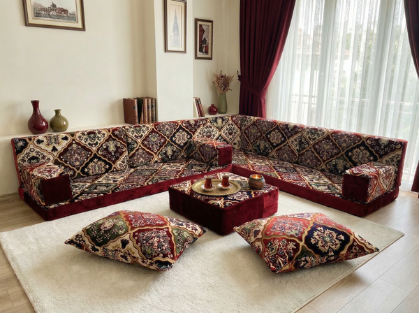Hochwertige Samt-Diwan-Sofagarnituren, arabische Sofagarnitur, Bodenkissen, orientalische arabische Bodensitze, Rückenlehnenkissen, marokkanische Sofas, arabische Majlis