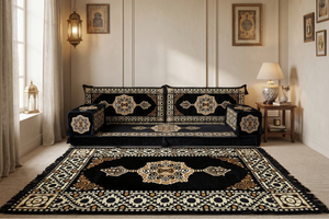 Marineblaues arabisches Sofa mit Ottomane und Teppich, Bodensitzkissen, Arabisches Jalsa-Set, Ecksofa, Arabische Sofagarnitur, Marokkanisches Sofa