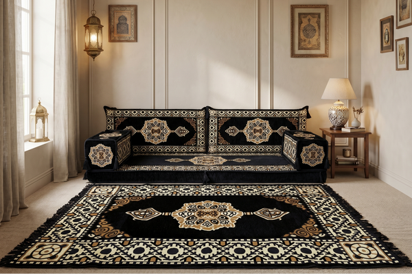 Marineblaues arabisches Sofa mit Ottomane und Teppich, Bodensitzkissen, Arabisches Jalsa-Set, Ecksofa, Arabische Sofagarnitur, Marokkanisches Sofa