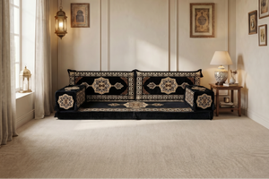 Marineblaues arabisches Sofa mit Ottomane und Teppich, Bodensitzkissen, Arabisches Jalsa-Set, Ecksofa, Arabische Sofagarnitur, Marokkanisches Sofa