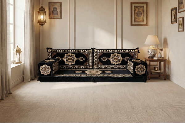Marineblaues arabisches Sofa mit Ottomane und Teppich, Bodensitzkissen, Arabisches Jalsa-Set, Ecksofa, Arabische Sofagarnitur, Marokkanisches Sofa