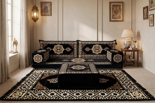 Marineblaues arabisches Sofa mit Ottomane und Teppich, Bodensitzkissen, Arabisches Jalsa-Set, Ecksofa, Arabische Sofagarnitur, Marokkanisches Sofa